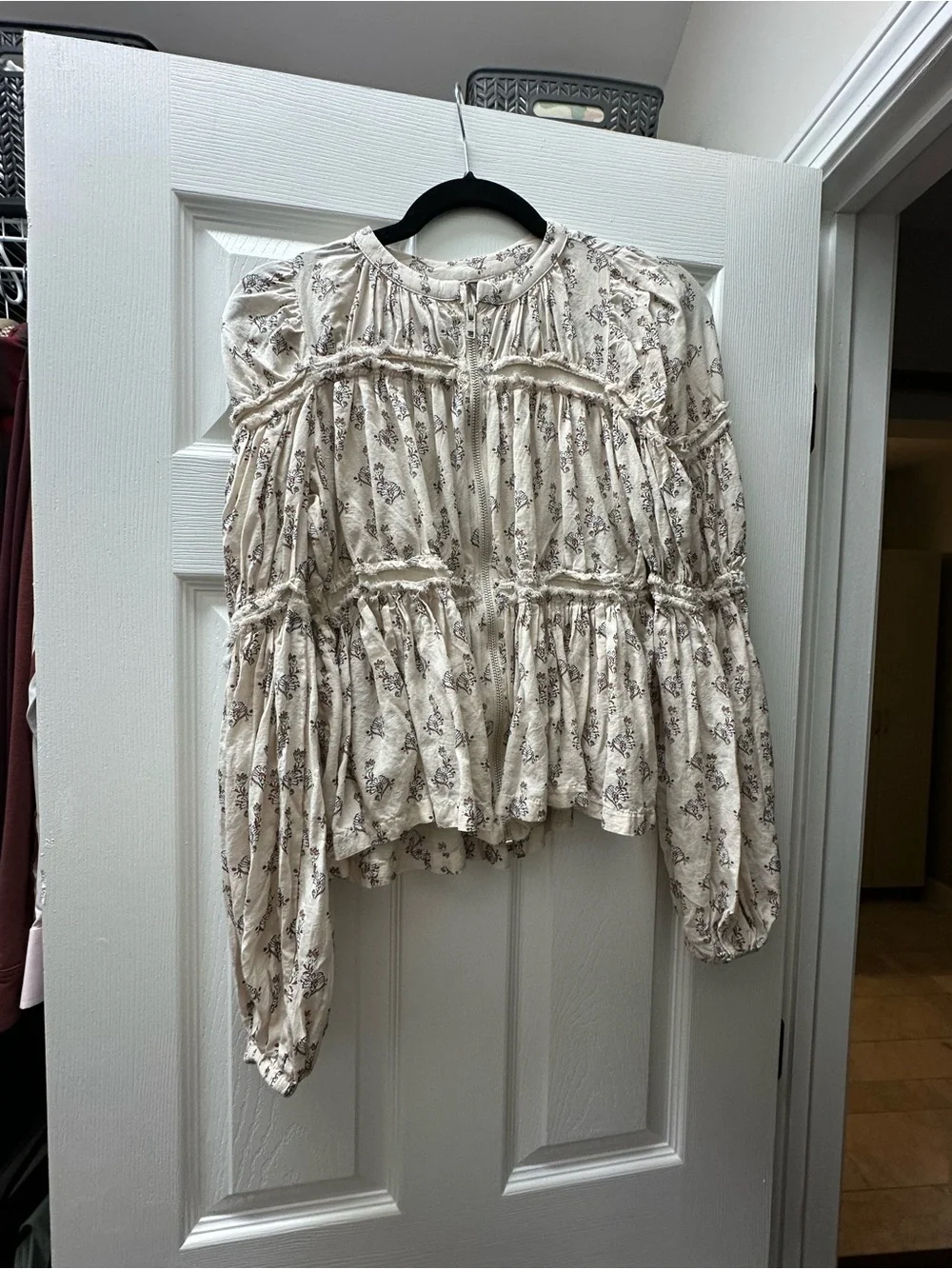 Anthropologie Cream Floral Ruffled Peasant Blouse